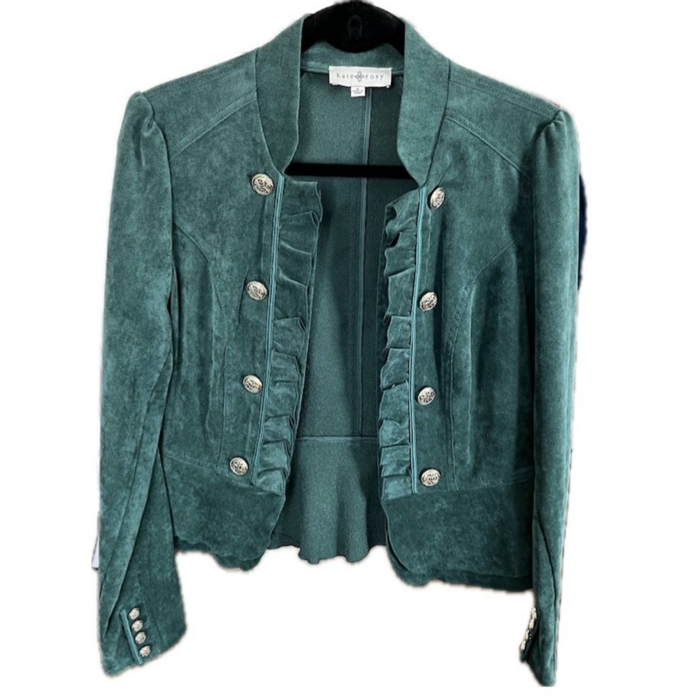 NWT Kate Rosy Women’s Ruffle Military Jacket Blazer Green Size Medium - Picture 2 of 14
